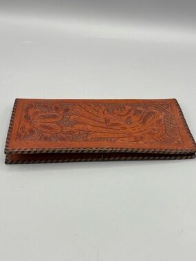 Vintage Handcrafted Tooled Leather Check Book Wallet - Burnt Orange